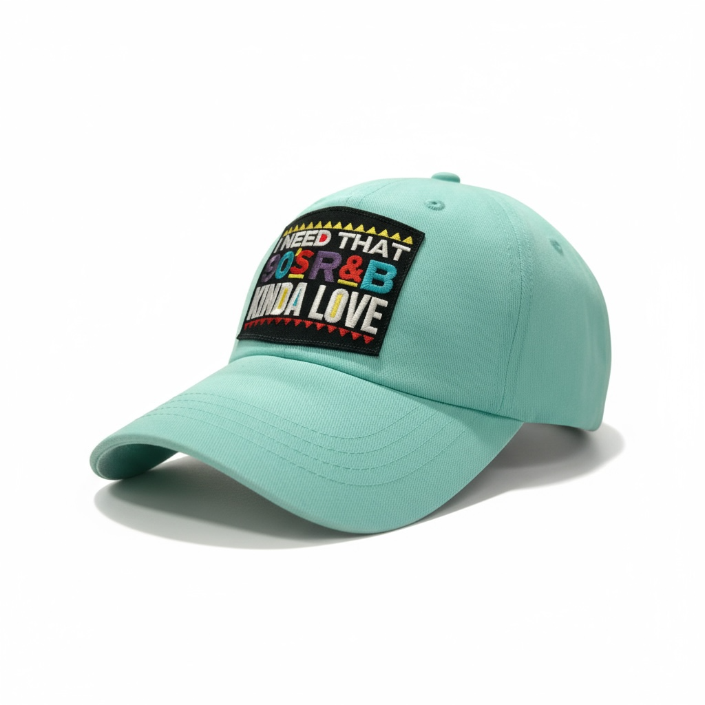 Light blue baseball cap with colorful text patch on a white background